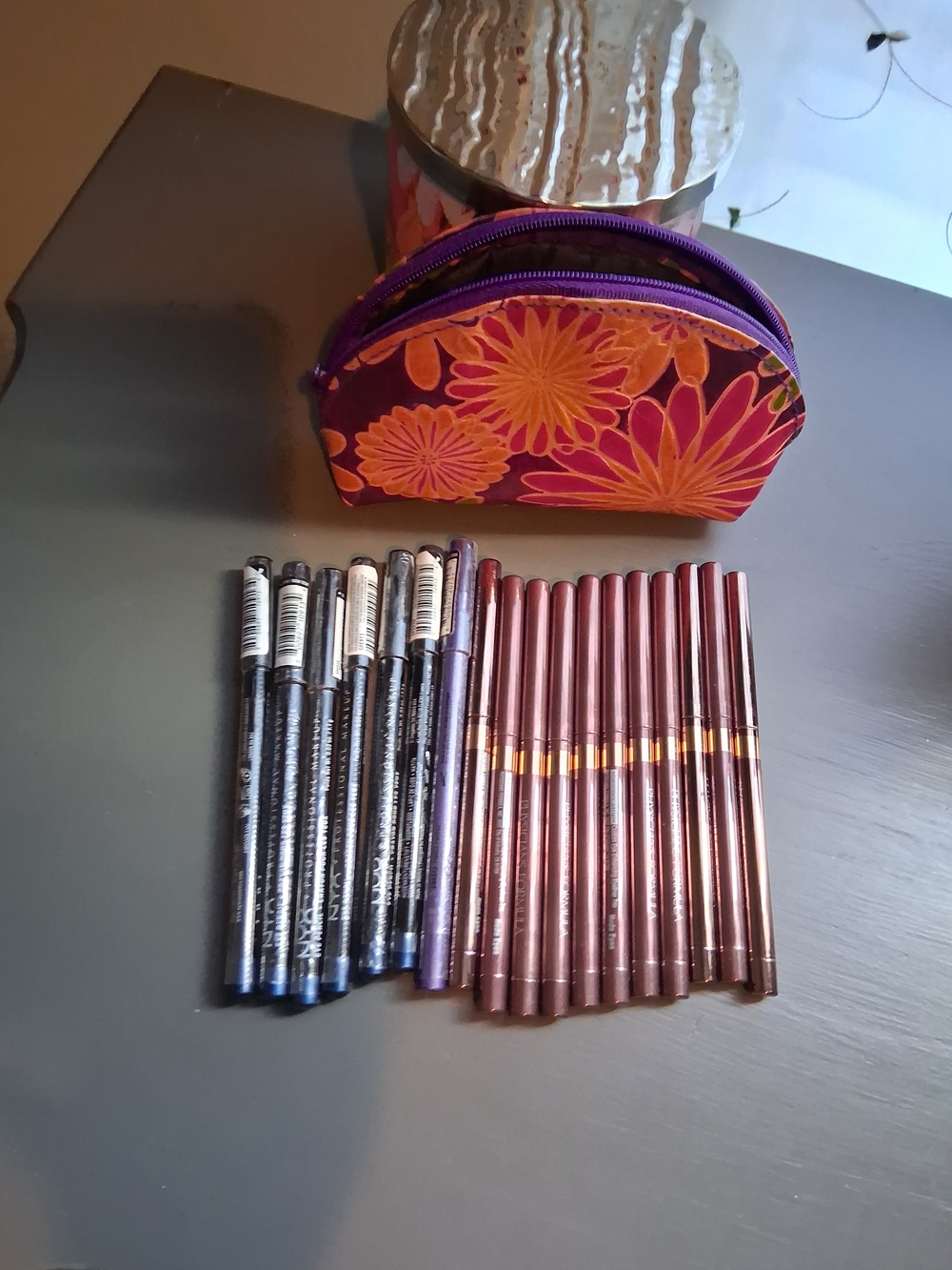 Floral Purple Cosmetic Pouch with Assorted Eyeliners